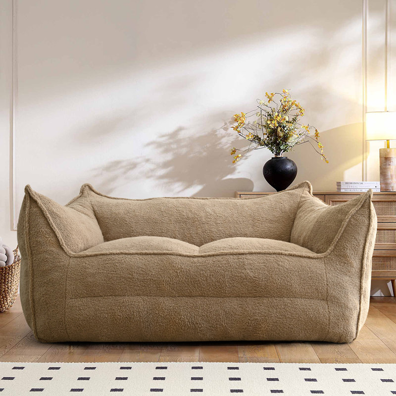Matt 65 Upholstered Teddy Fabric Bean Bag Loveseat for Small Space Trule Fabric Beige Polyester
